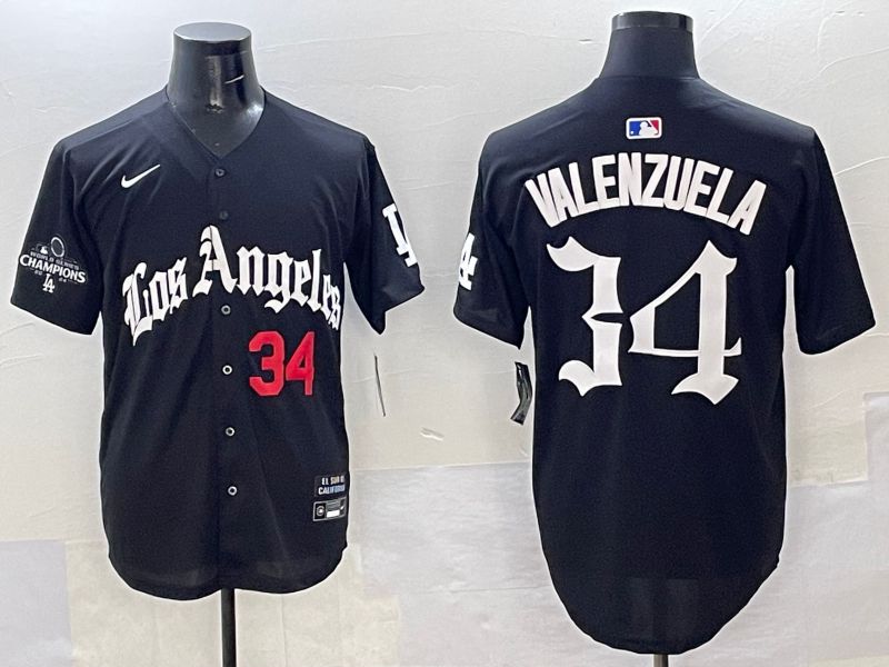 Men Los Angeles Dodgers 34 Valenzuela Black Five generations Joint Name 2025 Nike MLB Jersey style 34